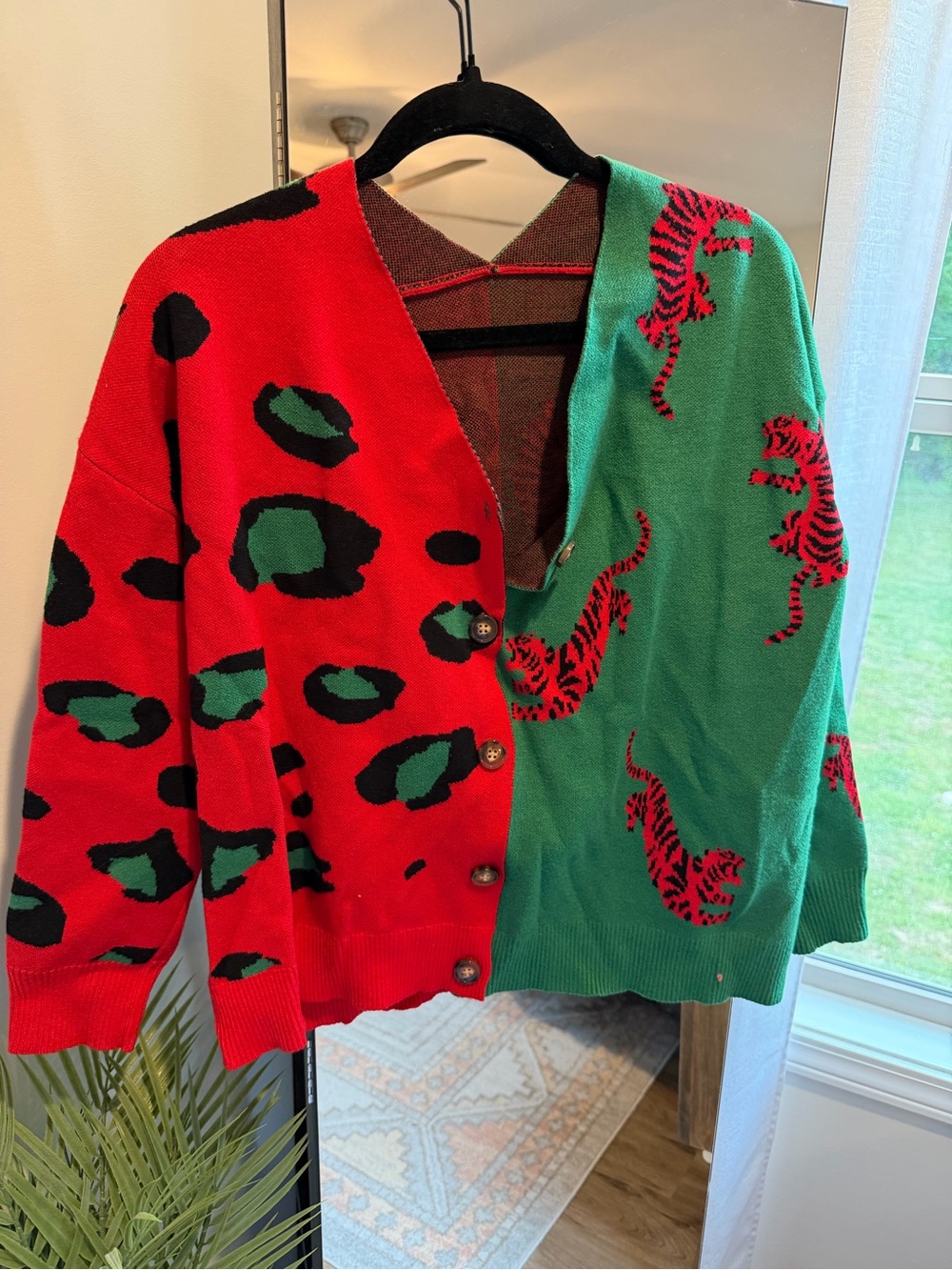 SHEIN Red and Green Knit Cardigan